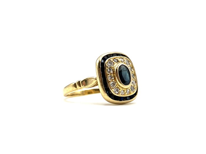 戒指 - 18 克拉 黃金 -  0.30 tw. 藍寶石 - 鉆石
