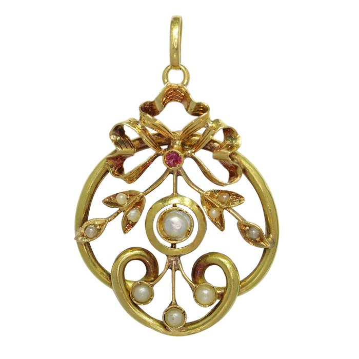 沒有保留價 - Vintage antique anno 1900 - 墜飾 - 18 克拉 黃金 紅寶石 - 珍珠 