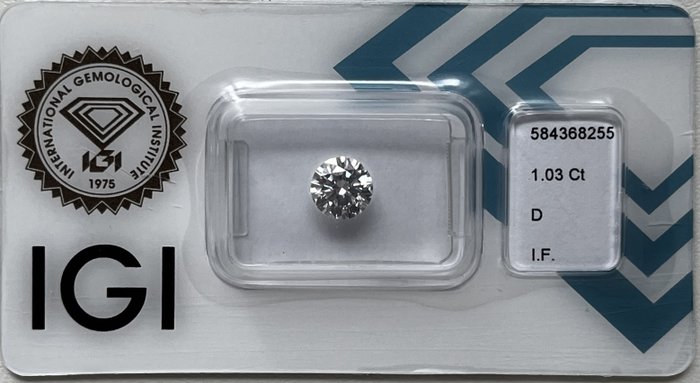 1 pcs 鑽石  (天然)  - 1.03 ct - 圓形 - D (無色) - IF - 國際寶石學院（International Gemological Institute (IGI)）