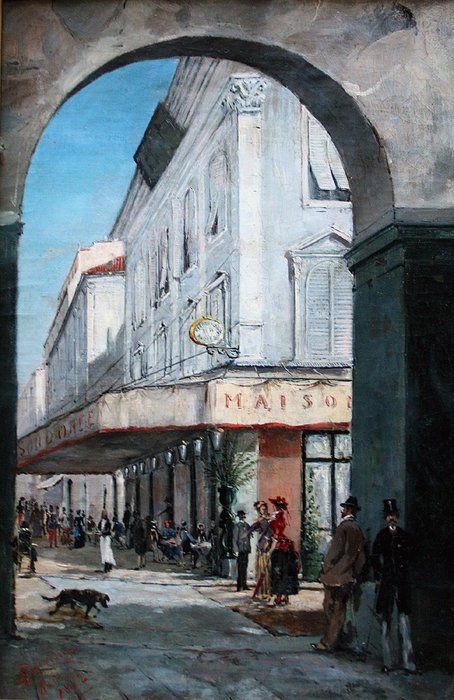Edward Louis Anthony Parrini (1858 - 1914) - Street scene before the restaurant La Maison Doree in the old town of Nice