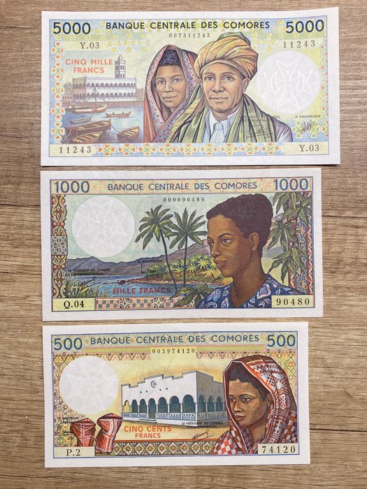 Comoras. - 500, 1000, 5000 Francs ND (1984-2005) - Pick 10a, 11b, 12b  (Sin Precio de Reserva)