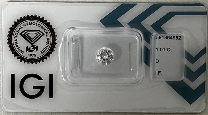 1 pcs Diamante  (Natural)  - 1.01 ct - Redondo - D (incoloro) - IF - International Gemological Institute (IGI)