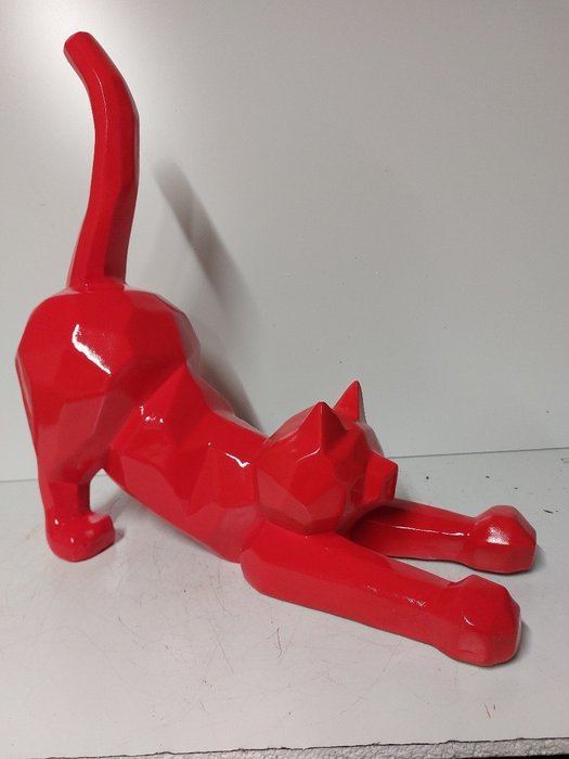 Statua, red playing cat origami shape - 52 cm - poliresina
