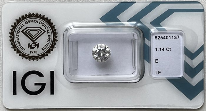 1 pcs Diamant - 1.14 ct - Rond - E - IF (intern zuiver)