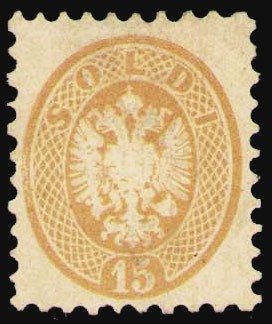 Antichi Stati italiani - Lombardo Veneto 1864 - Stemma, 15 centesimi bruno dentellato 9,5 - Sassone 45