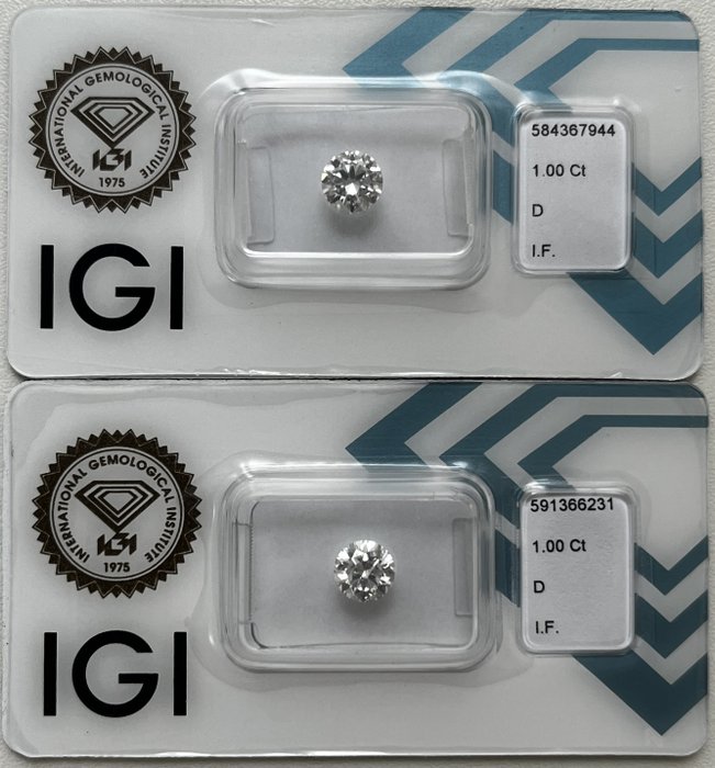 2 pcs Diamond  (Natural)  - 2.00 ct - Round - D (colourless) - IF - International Gemological Institute (IGI)
