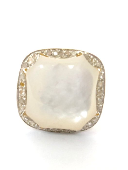 Ohne Mindestpreis - NO RESERVE PRICE - Ring Gelbgold, Silber Perle - Diamant 