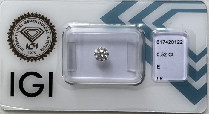 1 pcs 鑽石 - 0.52 ct - 圓形 - E(近乎完全無色) - 無瑕疵的