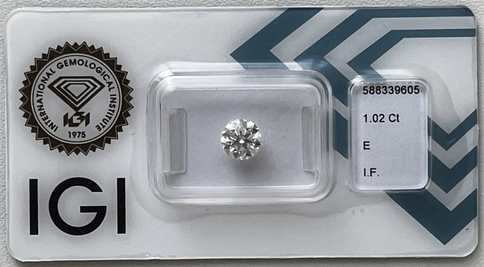 1 pcs 钻石 - 1.02 ct - 圆形 - E - 无瑕疵的