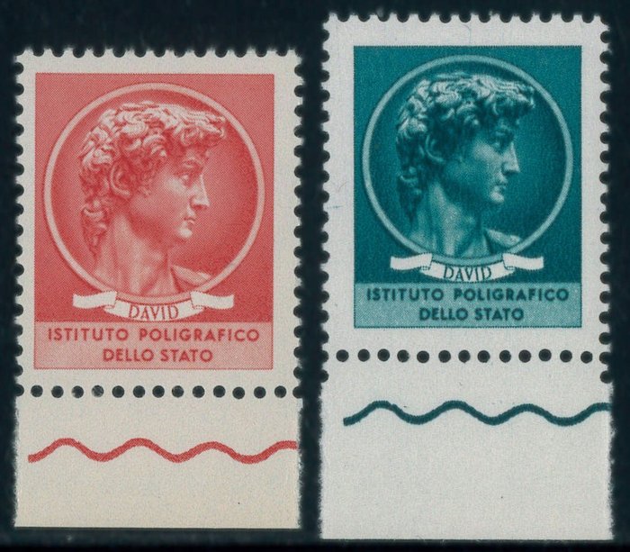 Italian tasavalta  - "Head of David" -esseitä vuodelta 1965, sekä punaisena että vihreänä bdf. (varm. R. Diena). - Catalogo Unificato n. 11/12