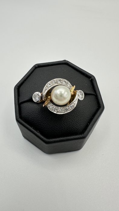 Bague - 14 carats Or jaune Perle - Diamant 