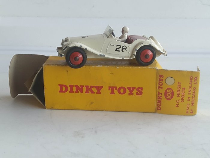 Dinky Toys 1:48 - Machetă mașină sport - Original Issue - First Serie White M.G. "MIDGET" no.28 Sports Car with White Driver - nr. 108 - În prima serie originală extrem de rară „NU”.!! Afișare model” în caseta „ALB” de culoare