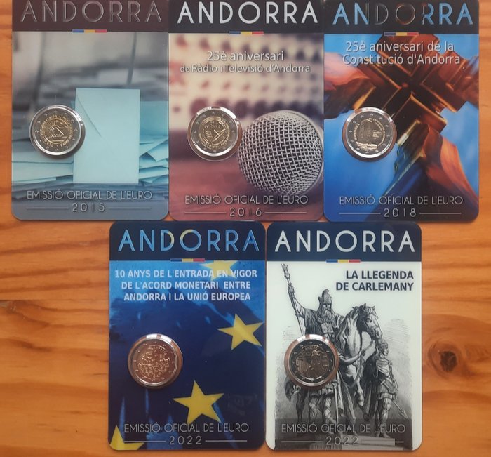Andorra. 2 Euro 2015/2022 (5 coincards)  (Ohne Mindestpreis)