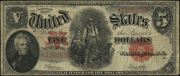 Förenta staterna. - 5 Dollars 1907 Legal Tender Note "Andrew Jackson" - Fr #91 - Pick 186  (Ingen mindstepris)