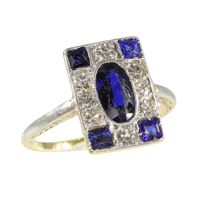 Ohne Mindestpreis - Vintage 1920's Art Deco - Ring - 18 kt Gelbgold -  0.44 tw. Diamant - Saphir 