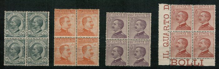 Kongeriket Italia 1917/1920 - Nr. 4 verdier fra S.18-serien (108-109-110-112) i intakte og velsentrerte firlinger. - Sassone 2024