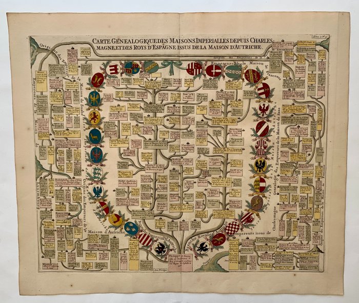Familienstammbaum, Landkarte - Karl der Große / Österreich / Spanien; H. Chatelain - Carte genealogique des Maison Imperialles depuis Charlesmagne, et des roys d'Espagne issus de la - 1701-1720