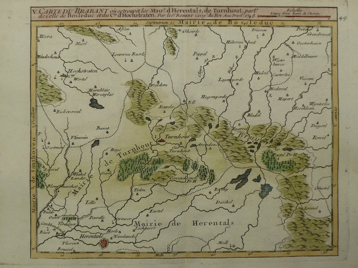 歐洲, 地圖 - 比利時 / 赫倫塔爾斯 / 蒂爾豪特 / 肯彭; Robert de Vaugondy - Carte du Brabant ou se trouvent les Mairies d'Herentals, de Turnhout (...) - 1751-1760