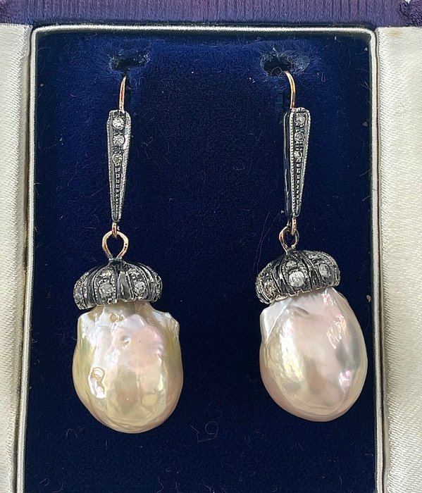 No Reserve Price - Earrings - 9 kt. Silver, Yellow gold Pearl - Diamond 