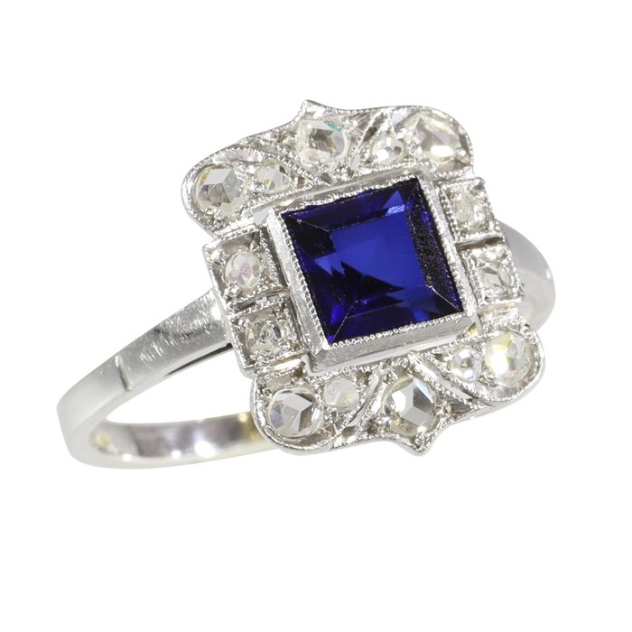 Ohne Mindestpreis - Vintage 1920's Art Deco - Ring - 18 kt Weißgold Saphir - Diamant 