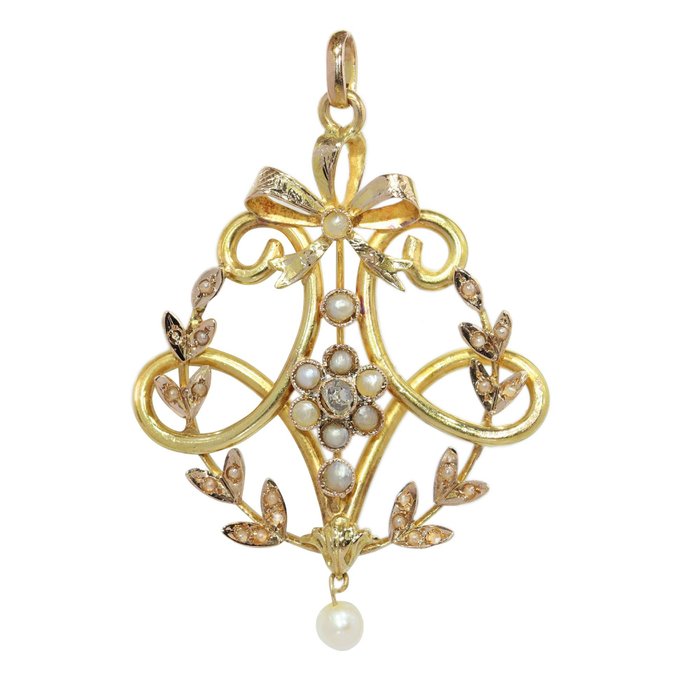 Vintage antique anno 1900 - Anhänger - 18 kt Gelbgold, Roségold Perle - Diamant 