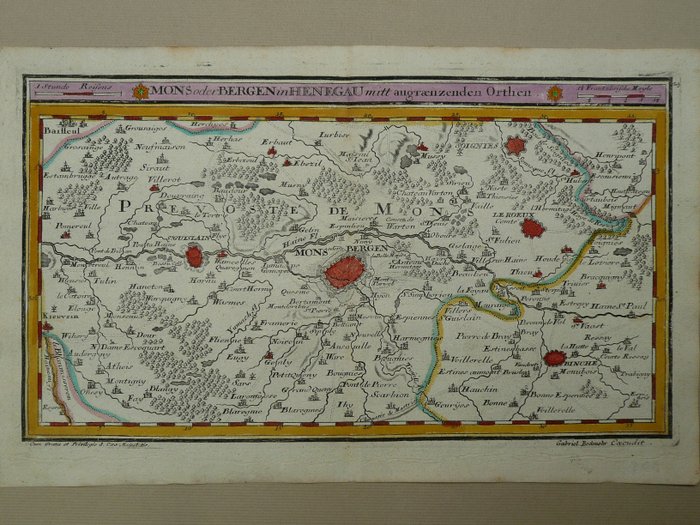 Európa, Várostérkép - Belgium / Mons / Hainault; Gabriel Bodenehr - Mons oder Bergen in Henegau mitt angraenzenden Orthen - 1721-1750