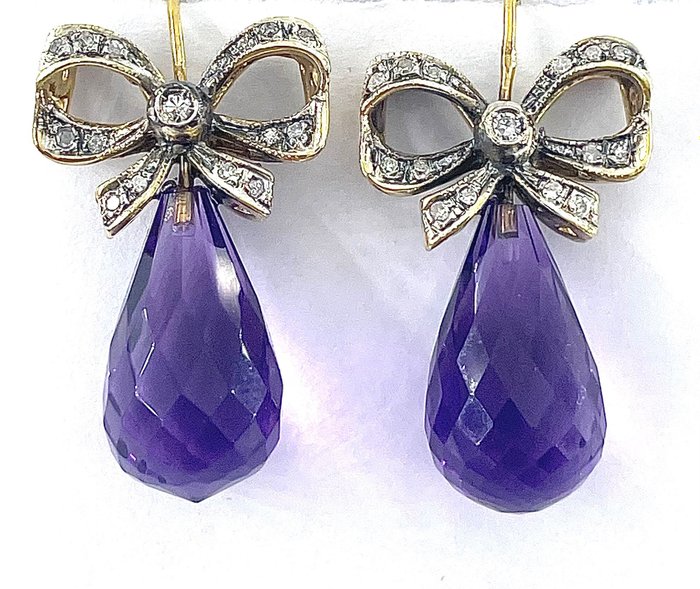 No Reserve Price - Earrings - 9 kt. Silver, Yellow gold Amethyst - Diamond 