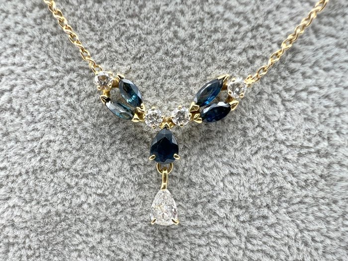 项链 - 18K包金 黄金 -  0.40 tw. 钻石  (天然) - 蓝宝石 