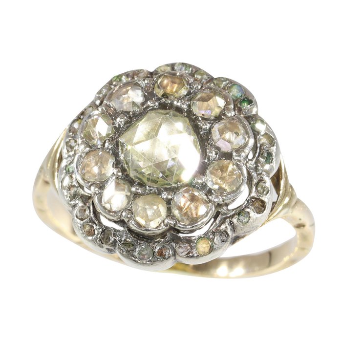 Vintage antique anno 1880 - Ring - 14 karaat Geel goud, Zilver Diamant 