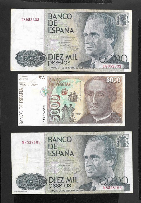 Spania. - 1 x 5000 and 2 x 10000 Pesetas - various dates  (Ingen reservasjonspris)