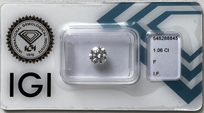 1 pcs 鑽石 - 1.06 ct - 圓形 - F(近乎無色) - 無瑕疵的
