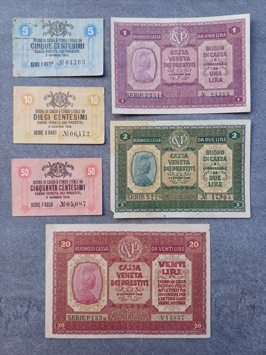義大利. - 6 banconote Lire Cassa veneta dei prestiti 1918  (沒有保留價)
