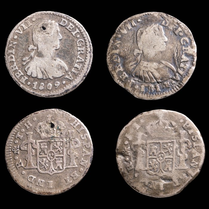 西班牙. Fernando VII (1813-1833). Medio Real Mexico 1809 TH + Mexico 1814 JJ . Lote de 2 monedas  (没有保留价)