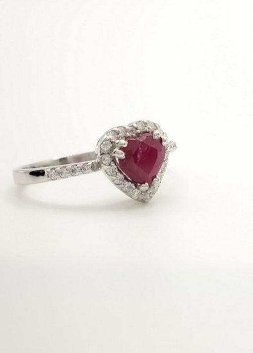 订婚戒指 - 18K包金 白金 -  0.75 tw. 红宝石 - 钻石 