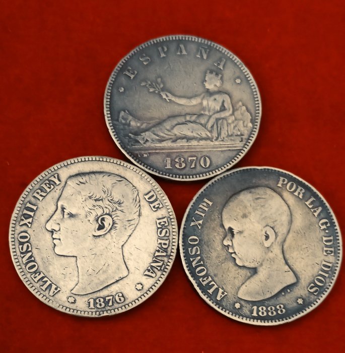 西班牙. Gobierno Provisional- Alfonso XII-Alfonso XIII. 5 Pesetas 1870/1888 (3 monedas)  (沒有保留價)