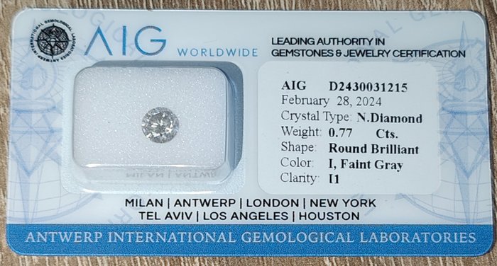 1 pcs 鑽石 - 0.77 ct - 明亮型 - I(極微黃、正面看為白色), Faint Gray - I1