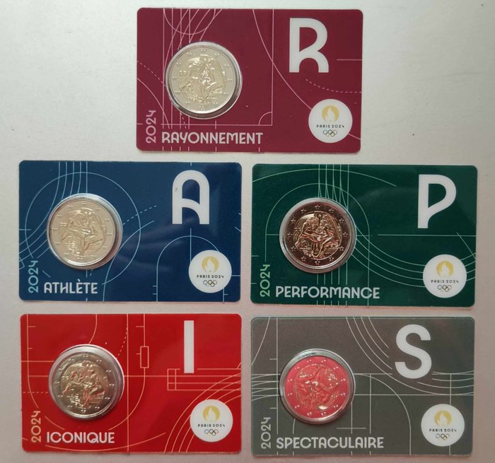 Franța. 2 Euro 2024 "Jeux Olympiques de Paris 2024" (5 coincards)  (Fără preț de rezervă)