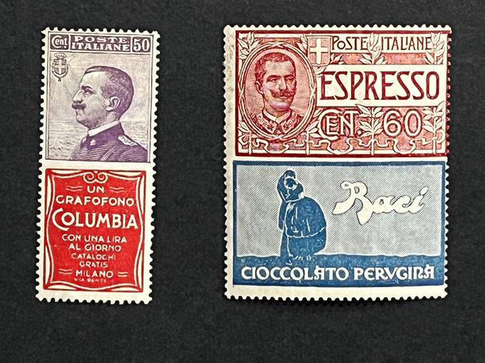 Koninkrijk Italië 1875/1925 - Staatsdienst (8 exemplaren) en Reclame C. 50 Columbia + C. 60 Perugina - Sasssone IT SE 1/8 e Sassone IT PU 11 e 21