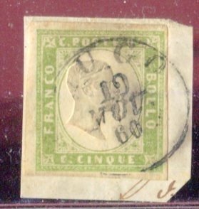 Antigos Estados Italianos - Sardenha 1855/1859 - 5 centavos "Verde oliva claro" usado no fragmento - Sassone 13Bb