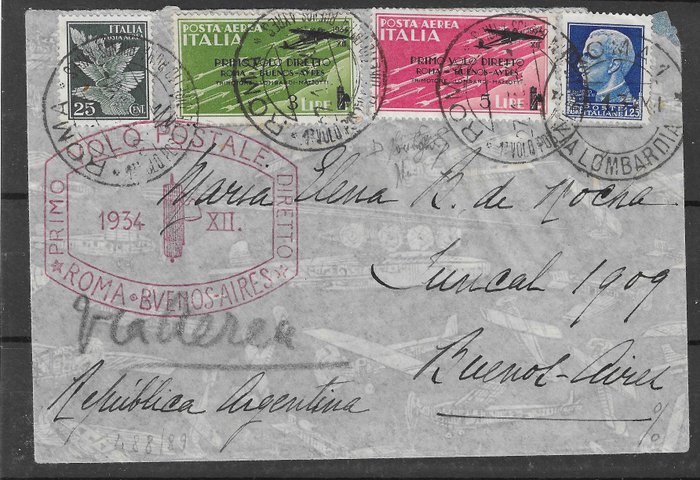 意大利王国 1934 - 第 1 趟罗马布宜诺斯艾利斯航班经区域转寄的信封 - Sassone splendida affrancatura (n.57, 58, 10 e 253) valore catalogo 1.085 euro