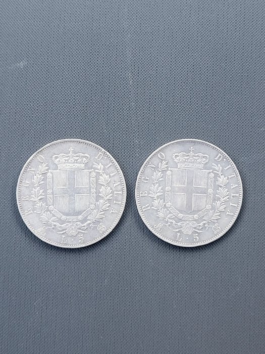 意大利， 意大利王国. 维托里奥·伊曼纽尔二世·迪·萨沃亚 （1861-1878）. 5 Lire 1874/1875 Milano (2 monete)