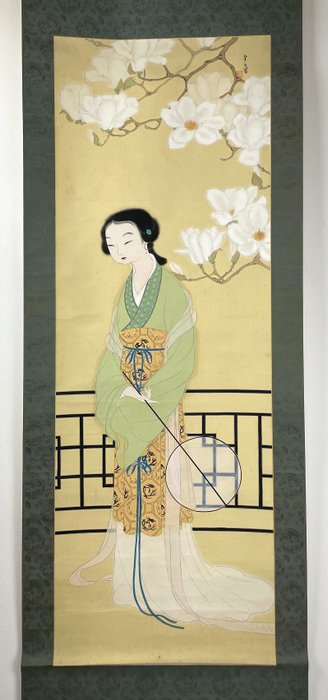 Japanese Painting: Chinese Beauty with Lotus Flowers by Ikuta Nansui  生田南水 - Ikuta Nansui  生田南水 - 日本  (沒有保留價)