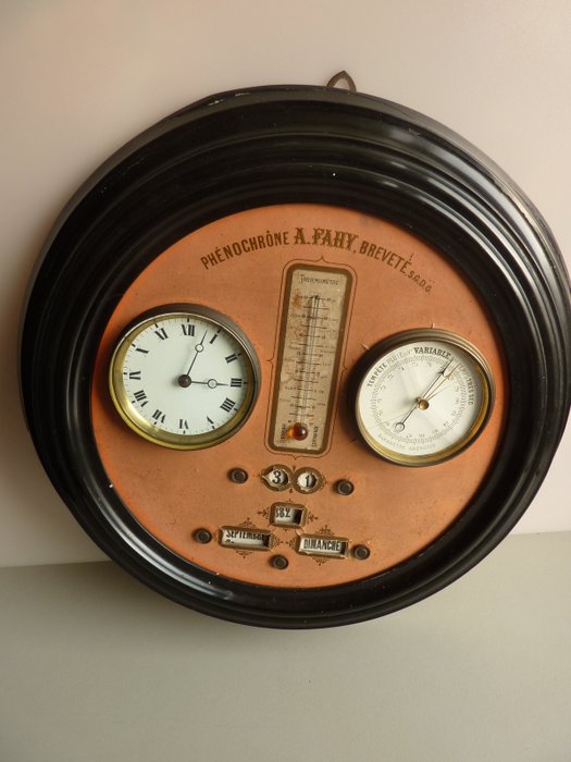 Wanduhr - Barometer, Thermometer und Zeitanzeige - A.Fahy - Glas, Holz, Messing - 1850-1900