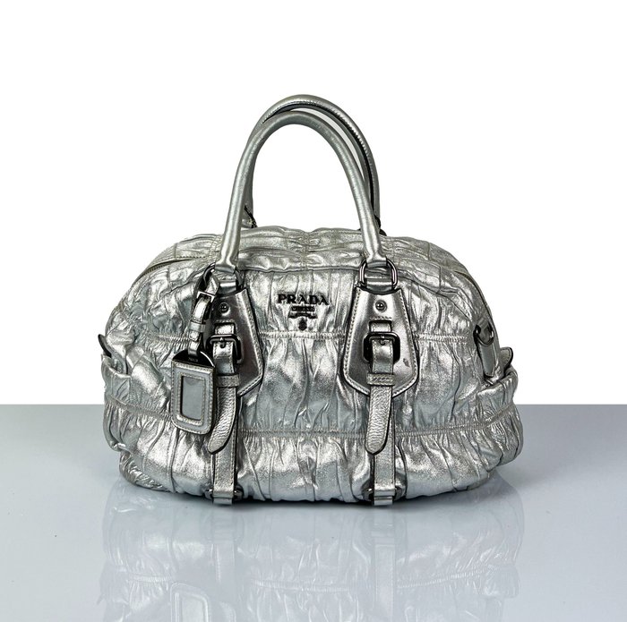 Prada - Silver Gaufre Leather Buckle Satchel - Håndtaske
