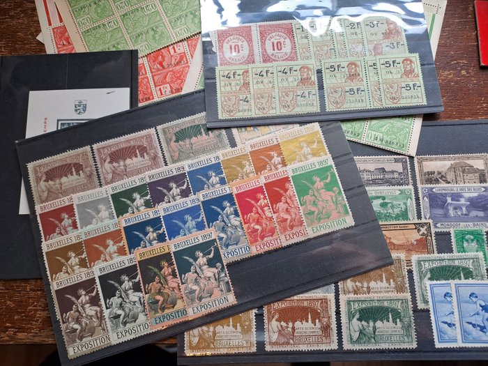 比利时  - 比利时书封封底邮票，包括一套 1897 年布鲁塞尔展览、更多印花税票 +