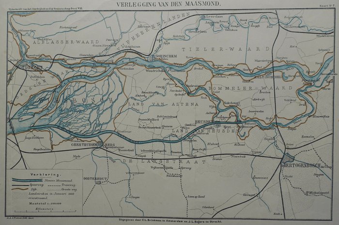 Países Bajos, Mapa - Holanda Meridional, zona fluvial, Zaltbommel; C.L. Brinkman en J.L. Beijers, J. Kuijper - Verlegging Van Den Maasmond. - 1884