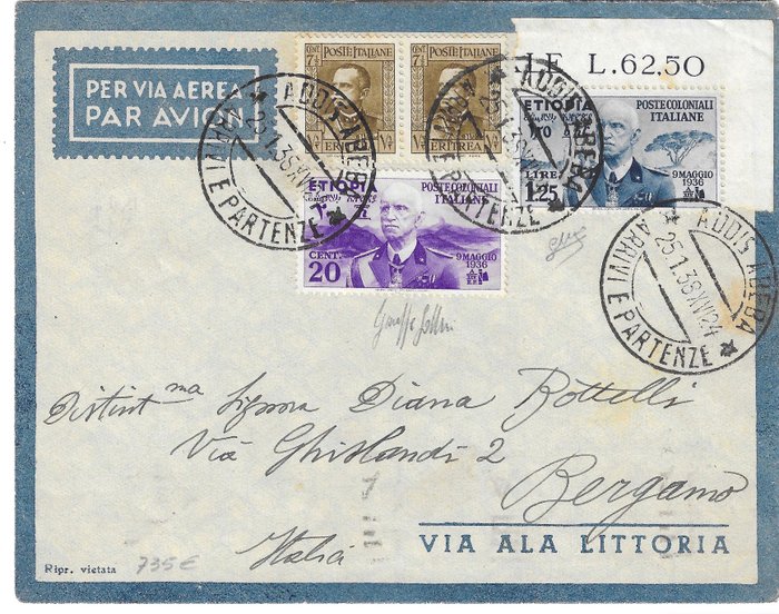 義屬東非 1938 - 從亞的斯亞貝巴到貝加莫的信 精彩的「混合」郵資 - Sassone Eritrea n. 195 e Etiopia n. 2 e 7 valore catalogo 930 euro