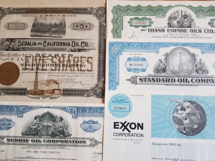 Certificate - 26 ‘Big Oil’, historische aandelen van grote oliebedrijven, 1902-1977 - (Standard Oil, Exxon, Sinclair, Sunray, Wintershall) - 1902