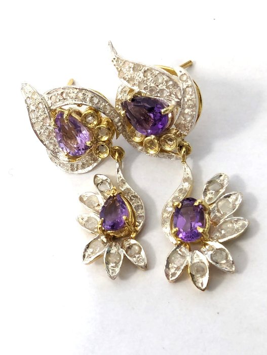 No Reserve Price - NO RESERVE PRICE - Earrings - 9 kt. Silver, Yellow gold Amethyst - Diamond 