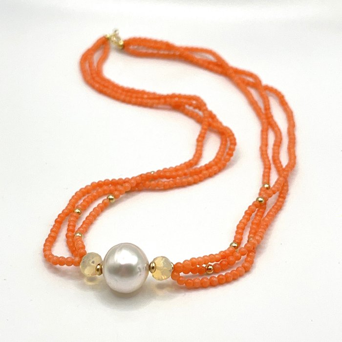 Sans Prix de Réserve - Top Quality pink Pacific coral & south sea pearl necklace - Collier - 18 carats Or jaune Perle 